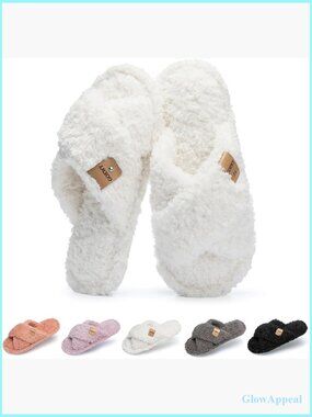 Fuzzy Open Toe Slippers for Women Memory Foam Cross Band House Shoes